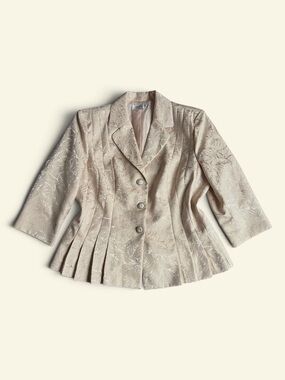 Vintage Y2K Danillo Beige Jacquard Blazer Pleated Peplum Rhinestone Button 14
